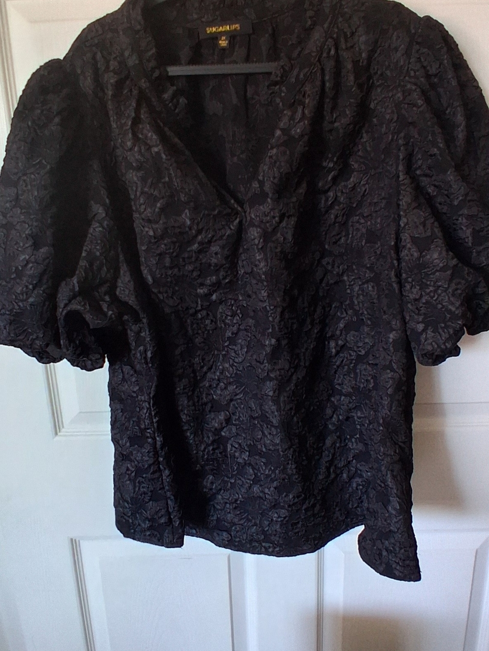 Sugarlips Arielle Jacquard Puff Sleeve Top Black 3X